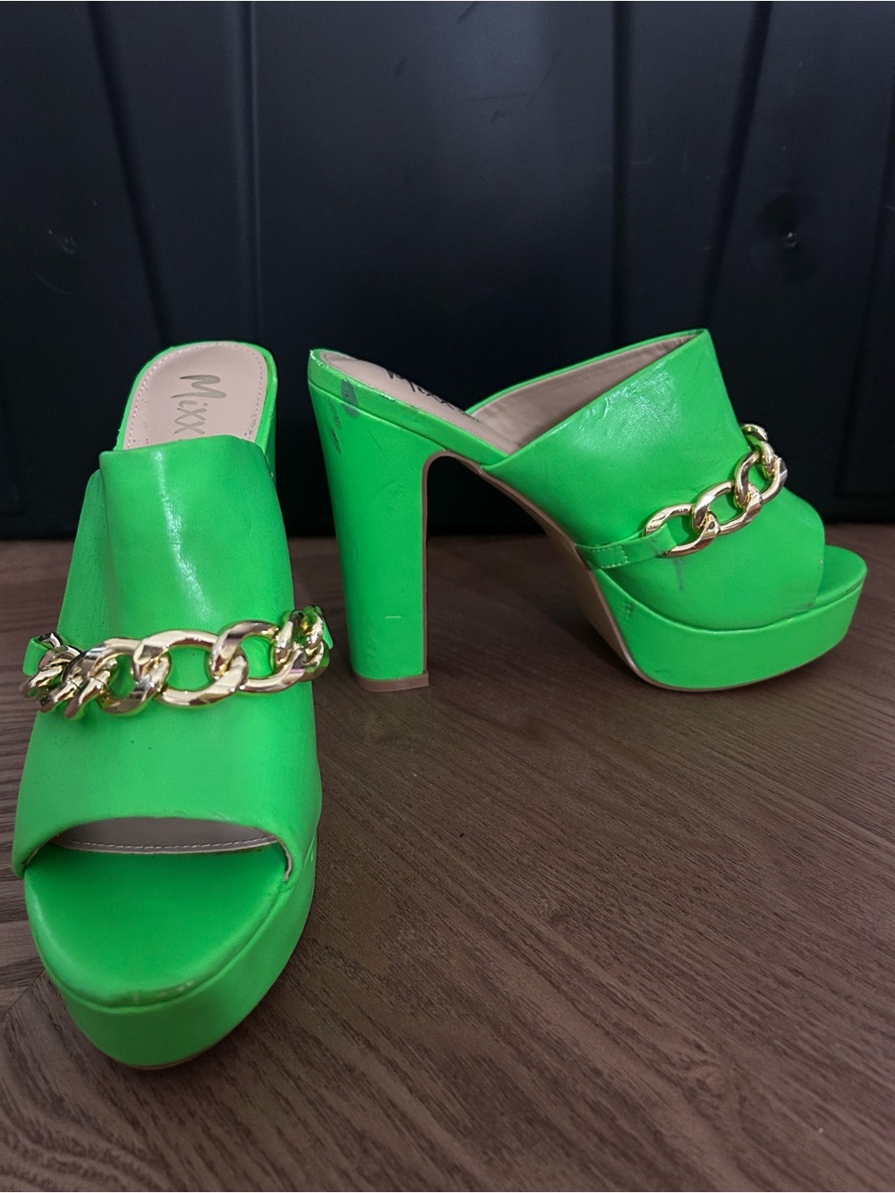 Neon Green Platform Mule Heels with Gold Chain Accent